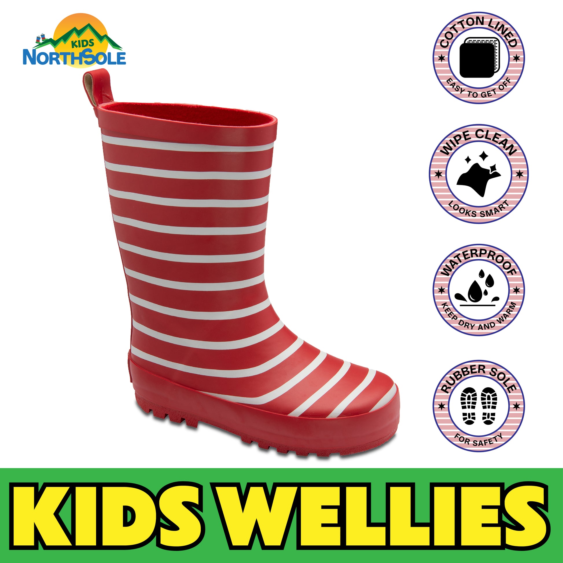 NorthSole Kids Wellies Striped Rubber Wellington Boots Boys & Girls Childrens Welly Sizes 9-2 - My Little Legends