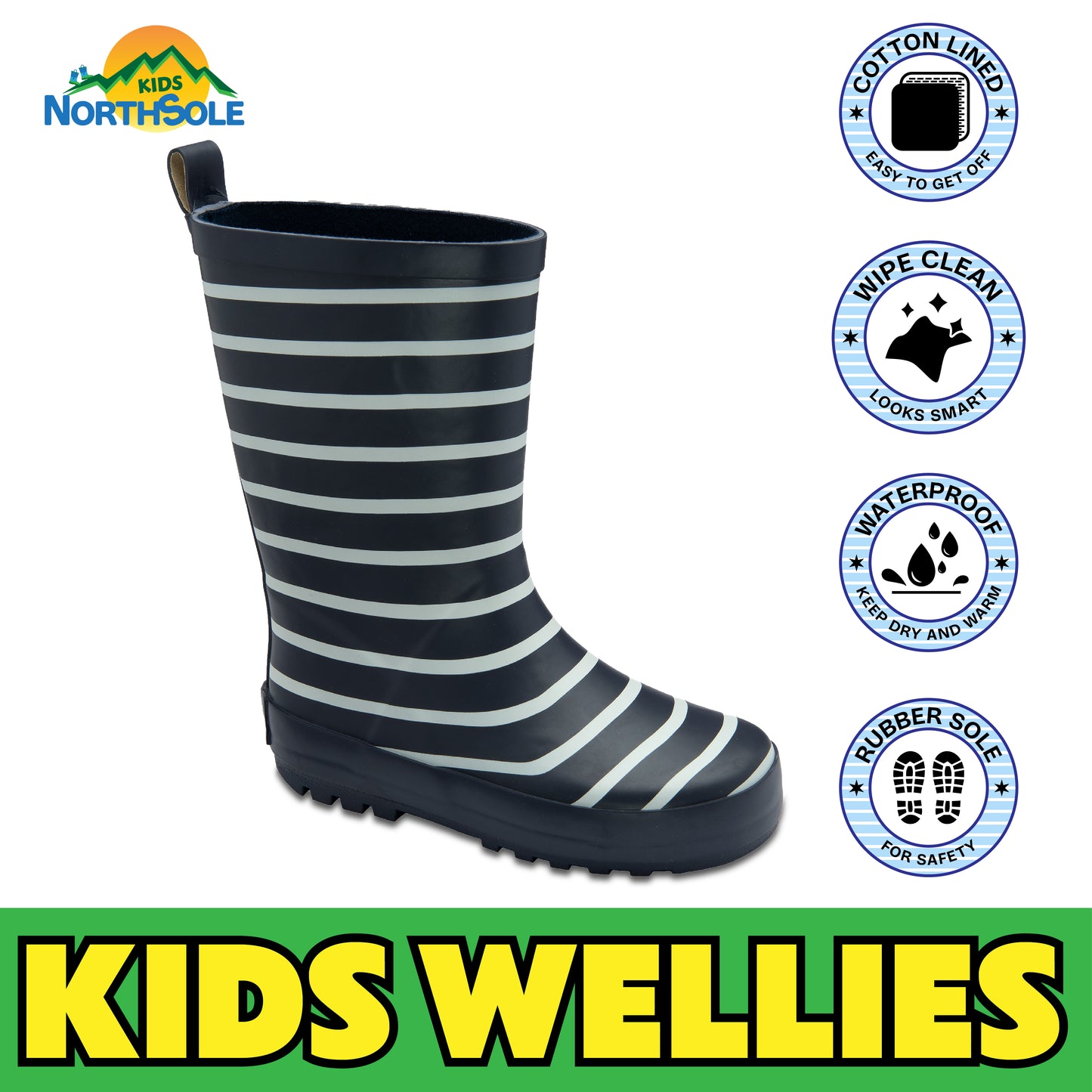 NorthSole Kids Wellies Striped Rubber Wellington Boots Boys & Girls Childrens Welly Sizes 9-2 - My Little Legends