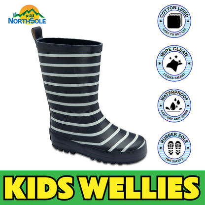 NorthSole Kids Wellies Striped Rubber Wellington Boots Boys & Girls Childrens Welly Sizes 9-2 - My Little Legends