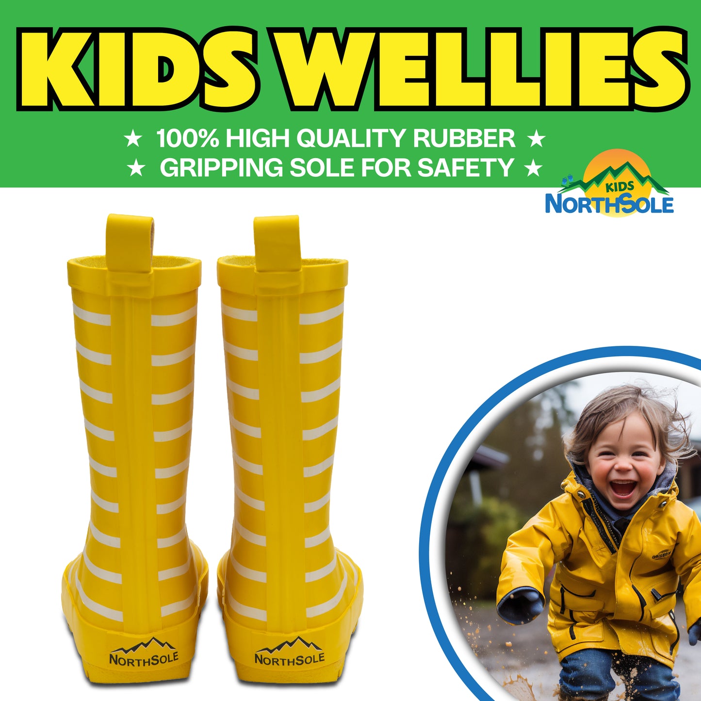 NorthSole Kids Wellies Striped Rubber Wellington Boots Boys & Girls Childrens Welly Sizes 9-2 - My Little Legends