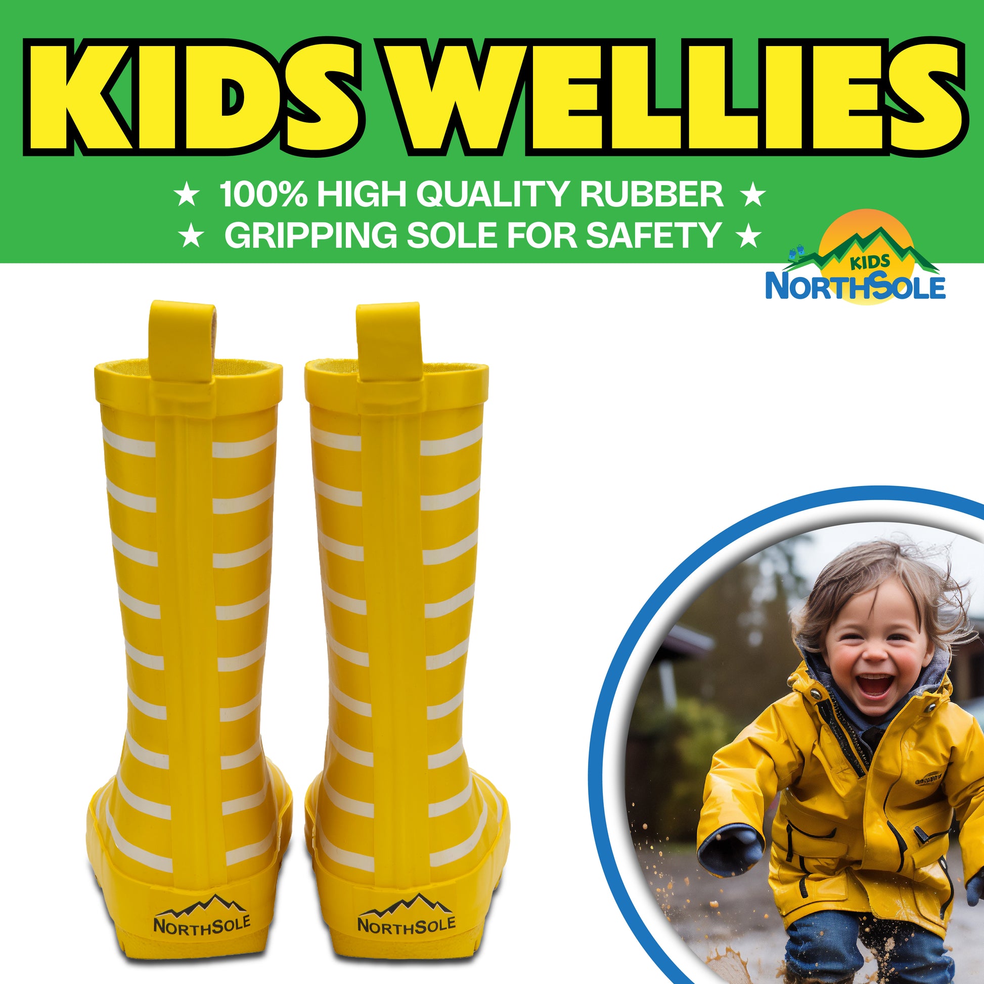 NorthSole Kids Wellies Striped Rubber Wellington Boots Boys & Girls Childrens Welly Sizes 9-2 - My Little Legends