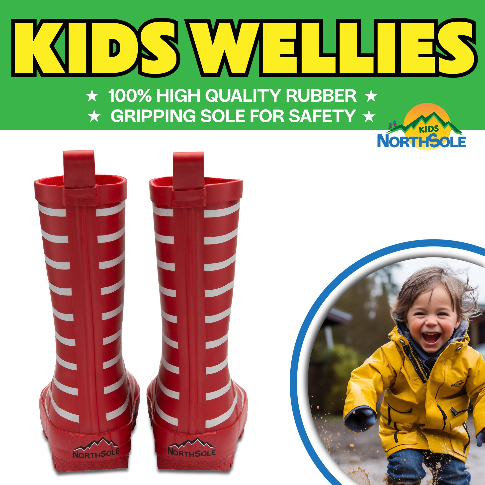 NorthSole Kids Wellies Striped Rubber Wellington Boots Boys & Girls Childrens Welly Sizes 9-2 - My Little Legends