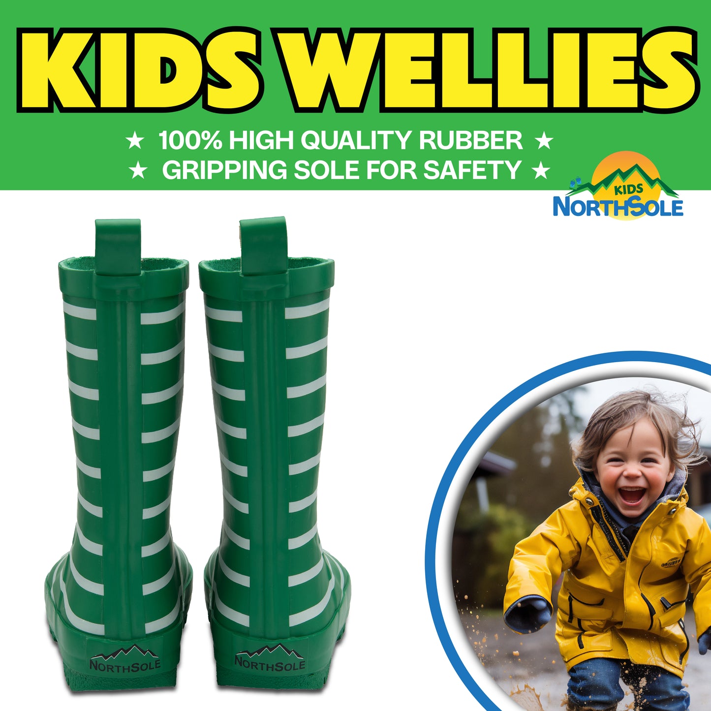NorthSole Kids Wellies Striped Rubber Wellington Boots Boys & Girls Childrens Welly Sizes 9-2 - My Little Legends
