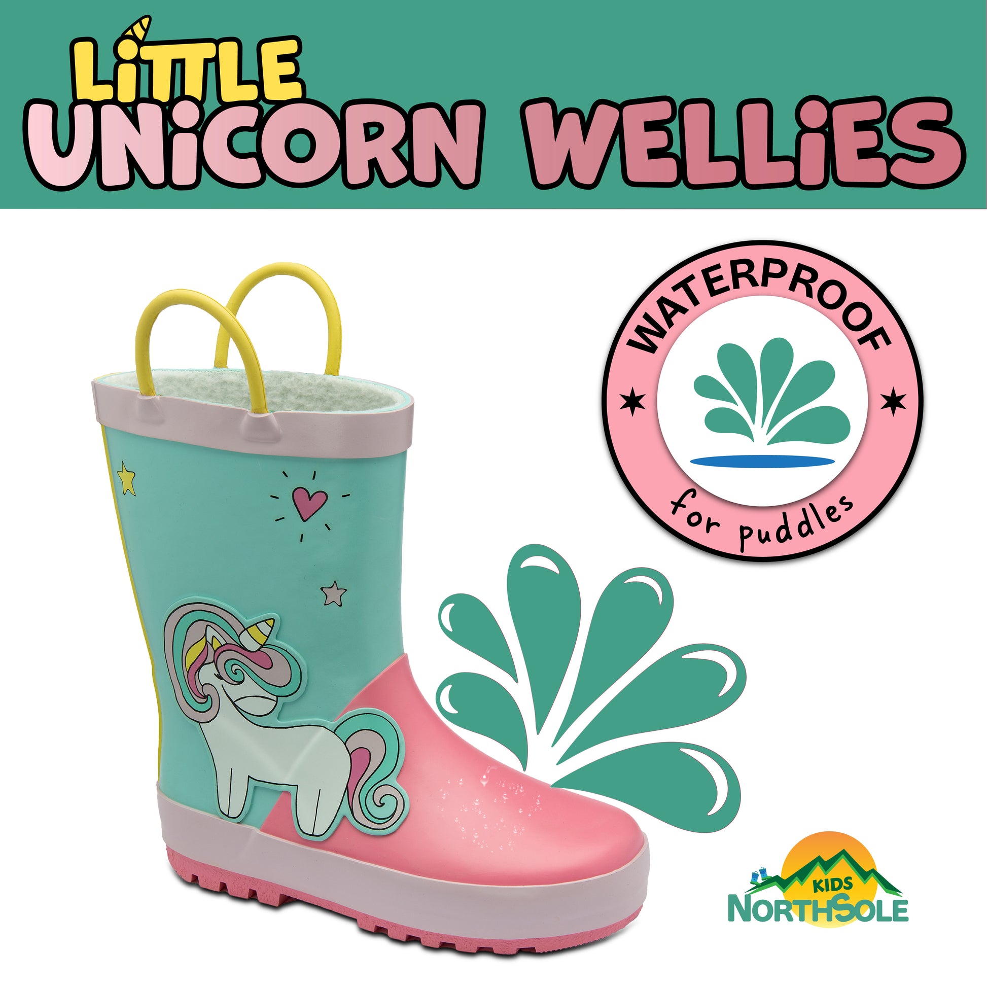 NorthSole Kids Wellies Boys & Girls Childrens Rubber Wellington Boots With Easy Pull On Handles Fleece Lined - My Little Legends