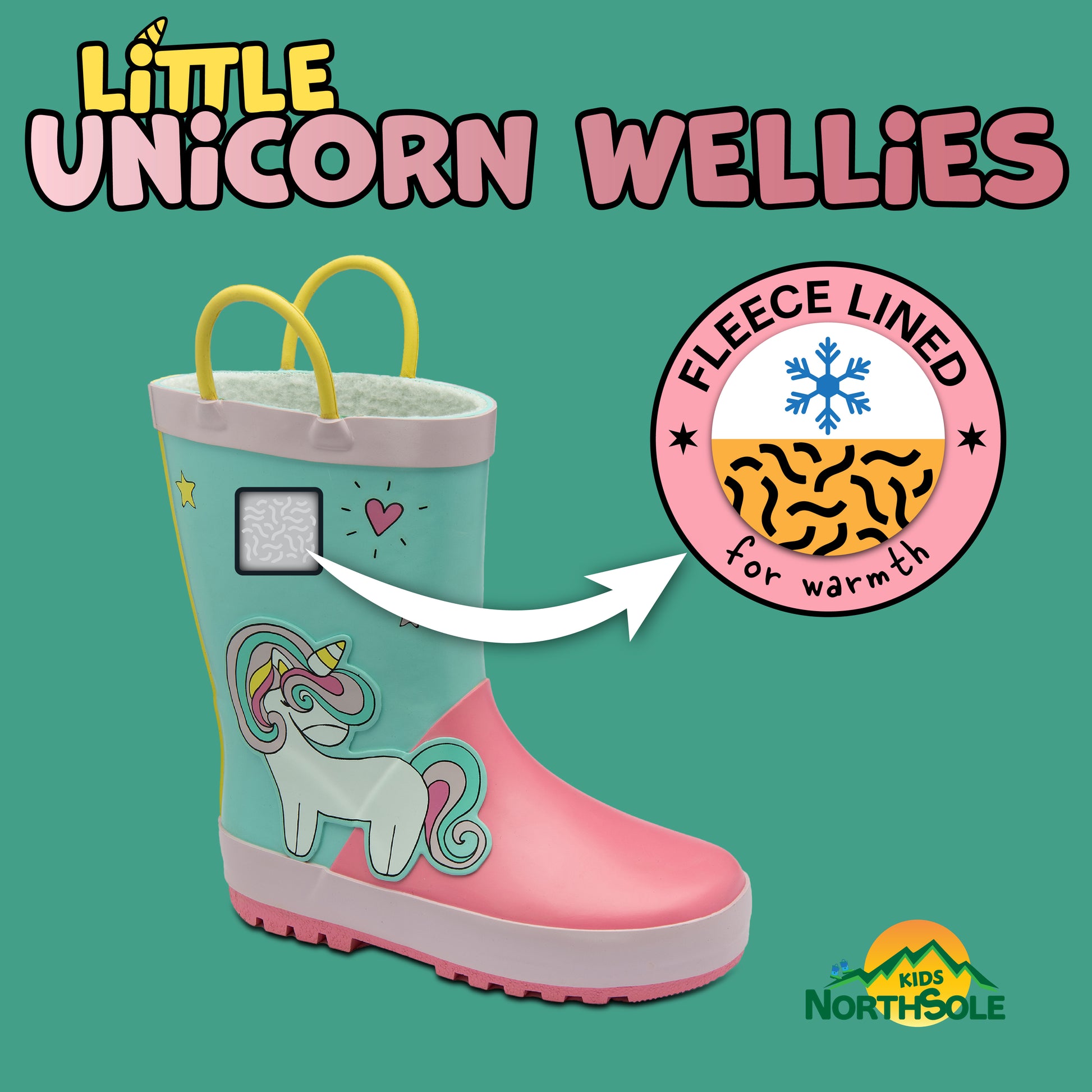 NorthSole Kids Wellies Boys & Girls Childrens Rubber Wellington Boots With Easy Pull On Handles Fleece Lined - My Little Legends