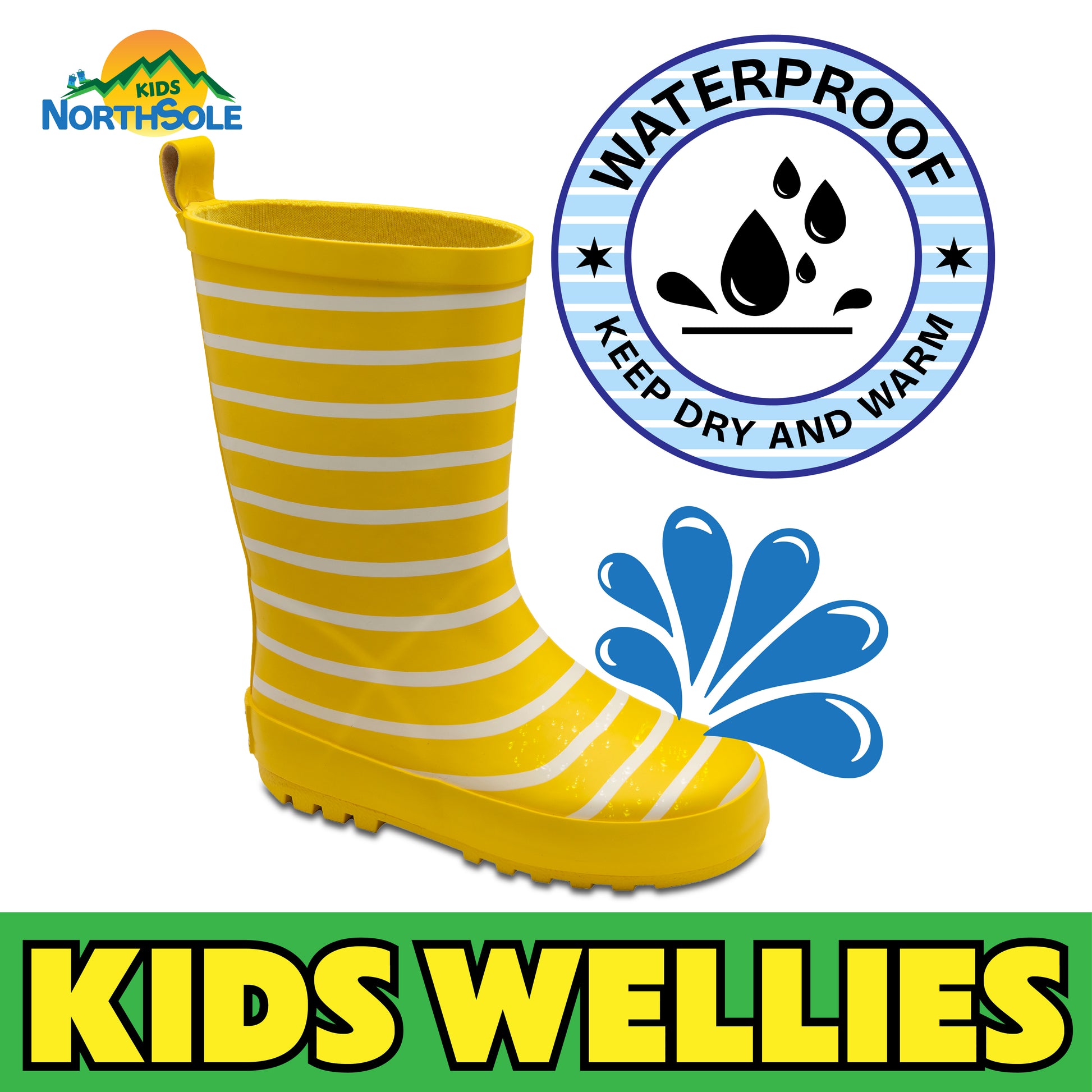 NorthSole Kids Wellies Striped Rubber Wellington Boots Boys & Girls Childrens Welly Sizes 9-2 - My Little Legends