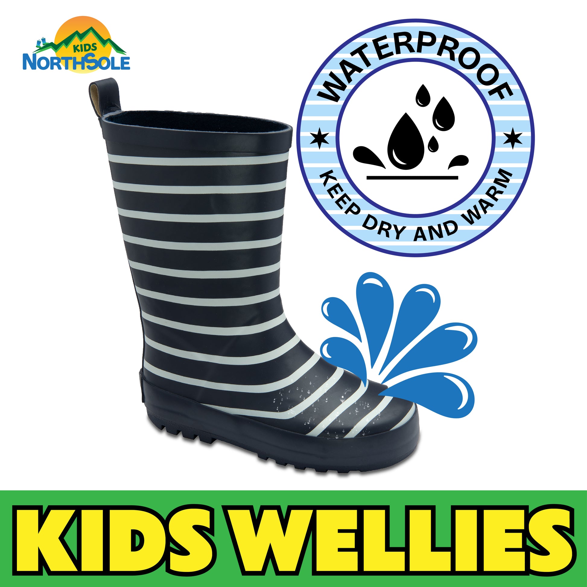 NorthSole Kids Wellies Striped Rubber Wellington Boots Boys & Girls Childrens Welly Sizes 9-2 - My Little Legends