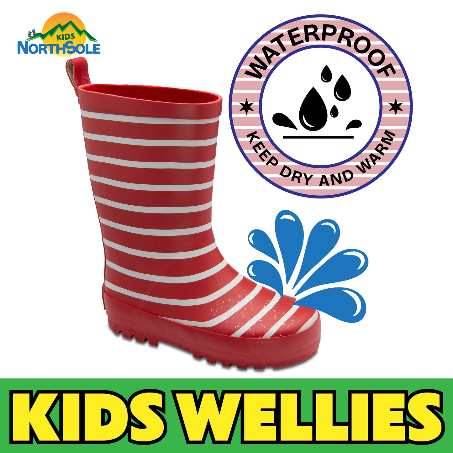 NorthSole Kids Wellies Striped Rubber Wellington Boots Boys & Girls Childrens Welly Sizes 9-2 - My Little Legends