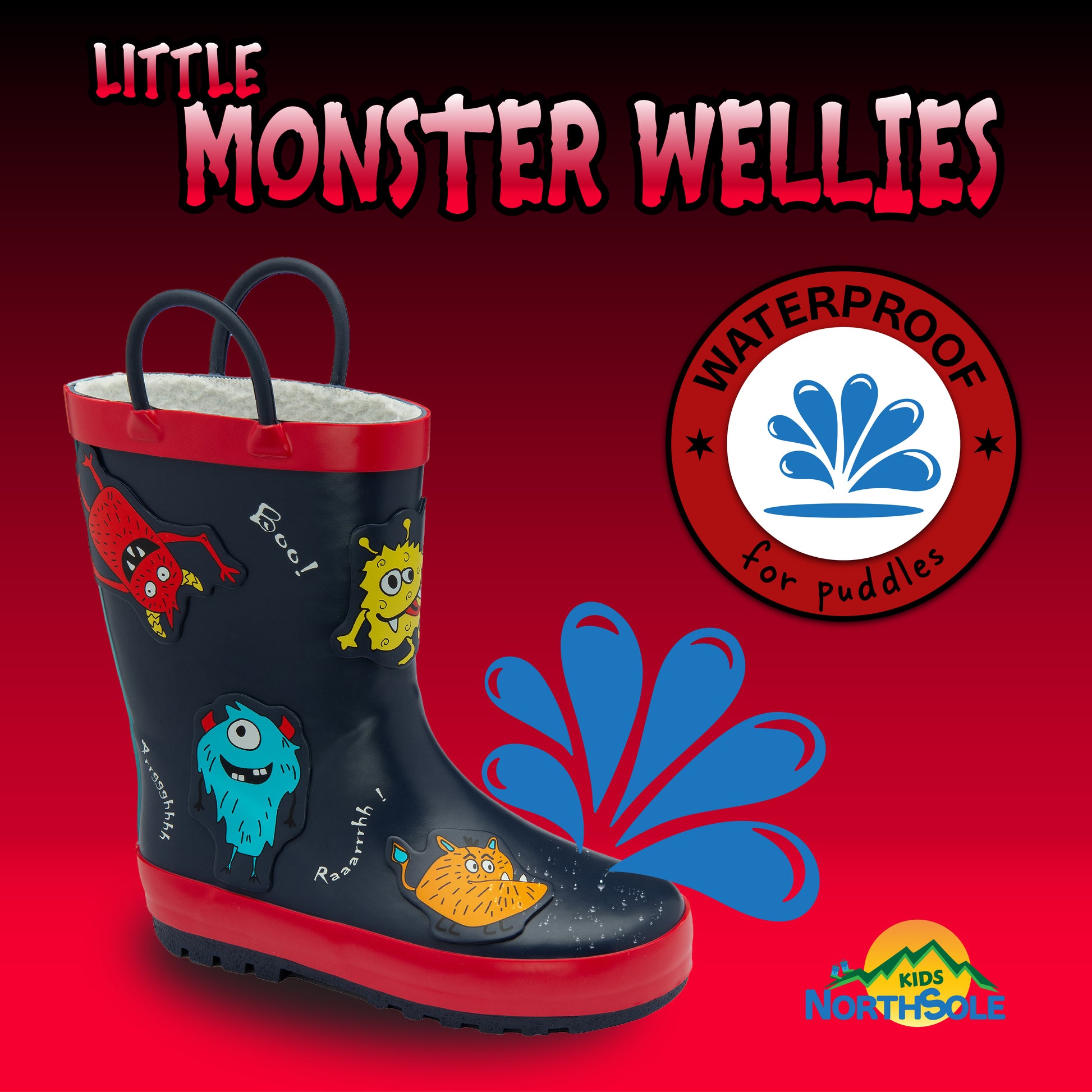 NorthSole Kids Wellies Boys & Girls Childrens Rubber Wellington Boots With Easy Pull On Handles Fleece Lined - My Little Legends