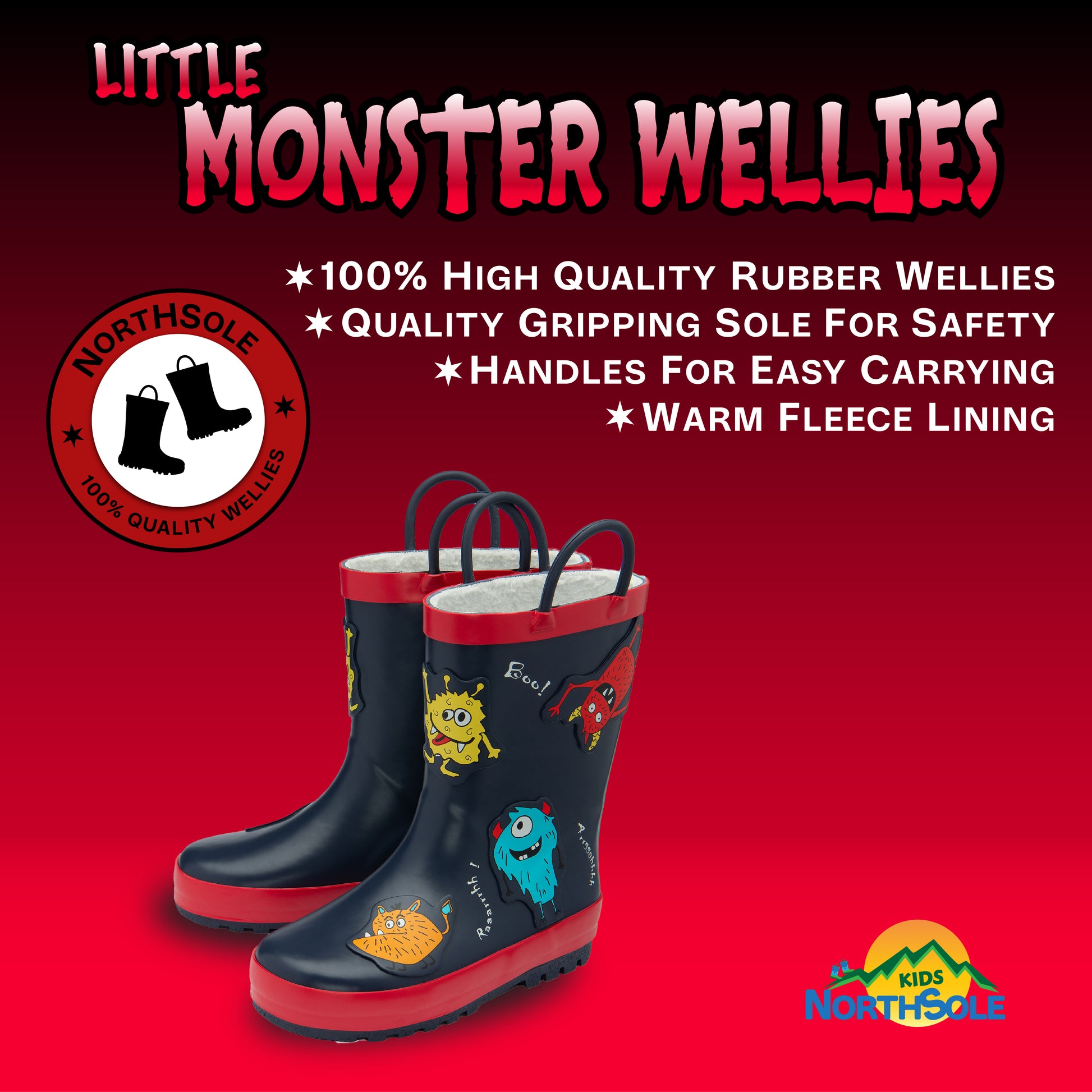 NorthSole Kids Wellies Boys & Girls Childrens Rubber Wellington Boots With Easy Pull On Handles Fleece Lined - My Little Legends