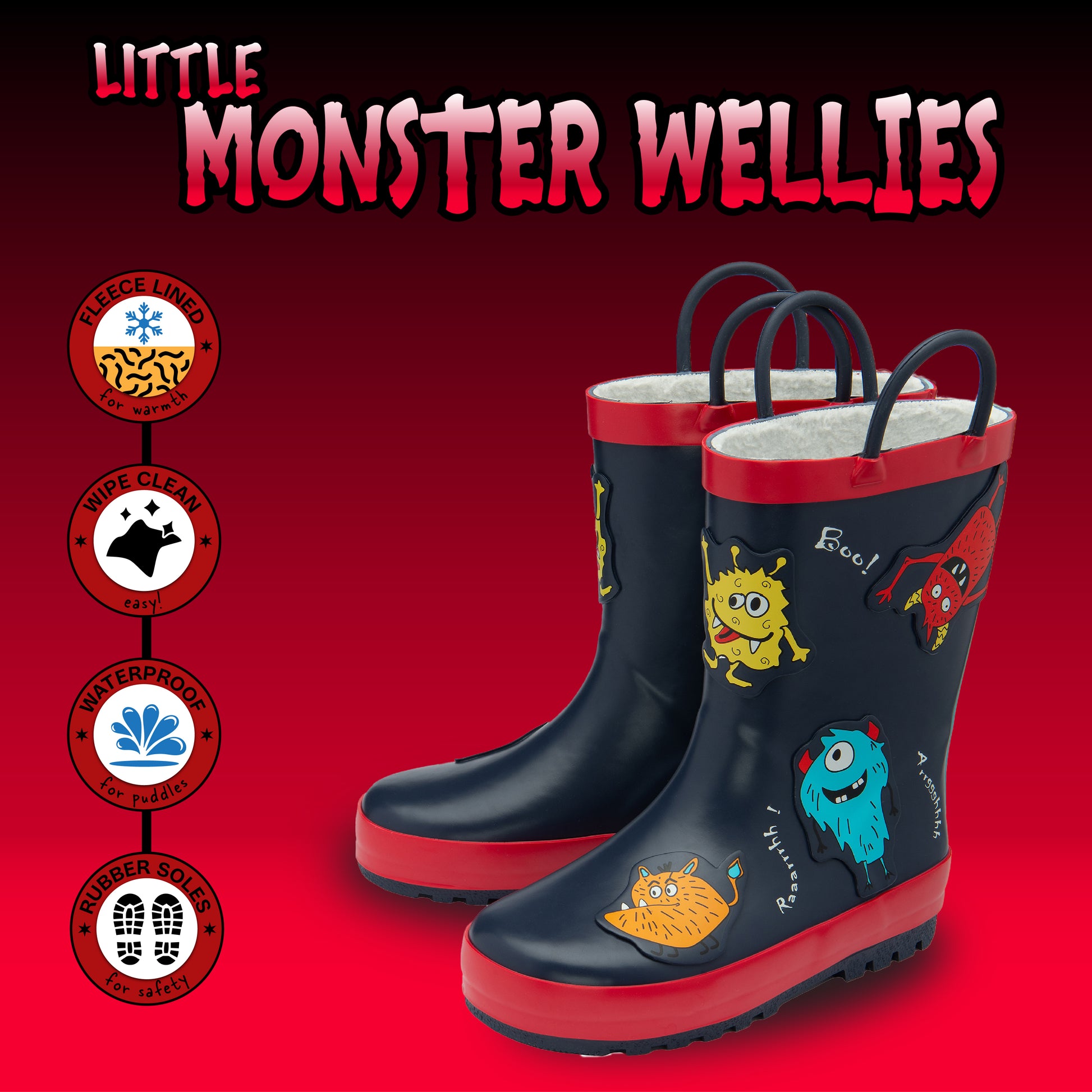 NorthSole Kids Wellies Boys & Girls Childrens Rubber Wellington Boots With Easy Pull On Handles Fleece Lined - My Little Legends