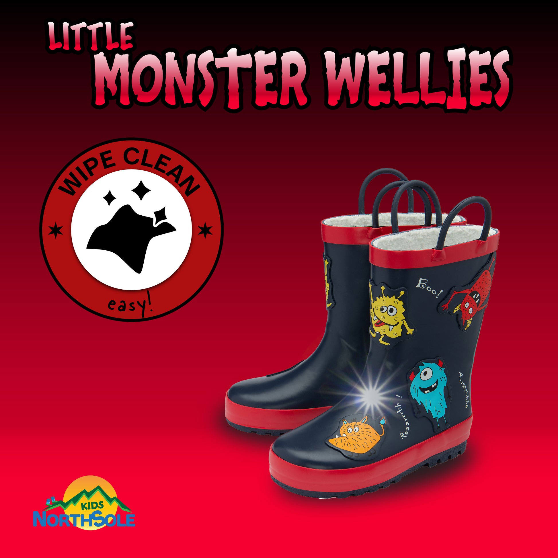NorthSole Kids Wellies Boys & Girls Childrens Rubber Wellington Boots With Easy Pull On Handles Fleece Lined - My Little Legends