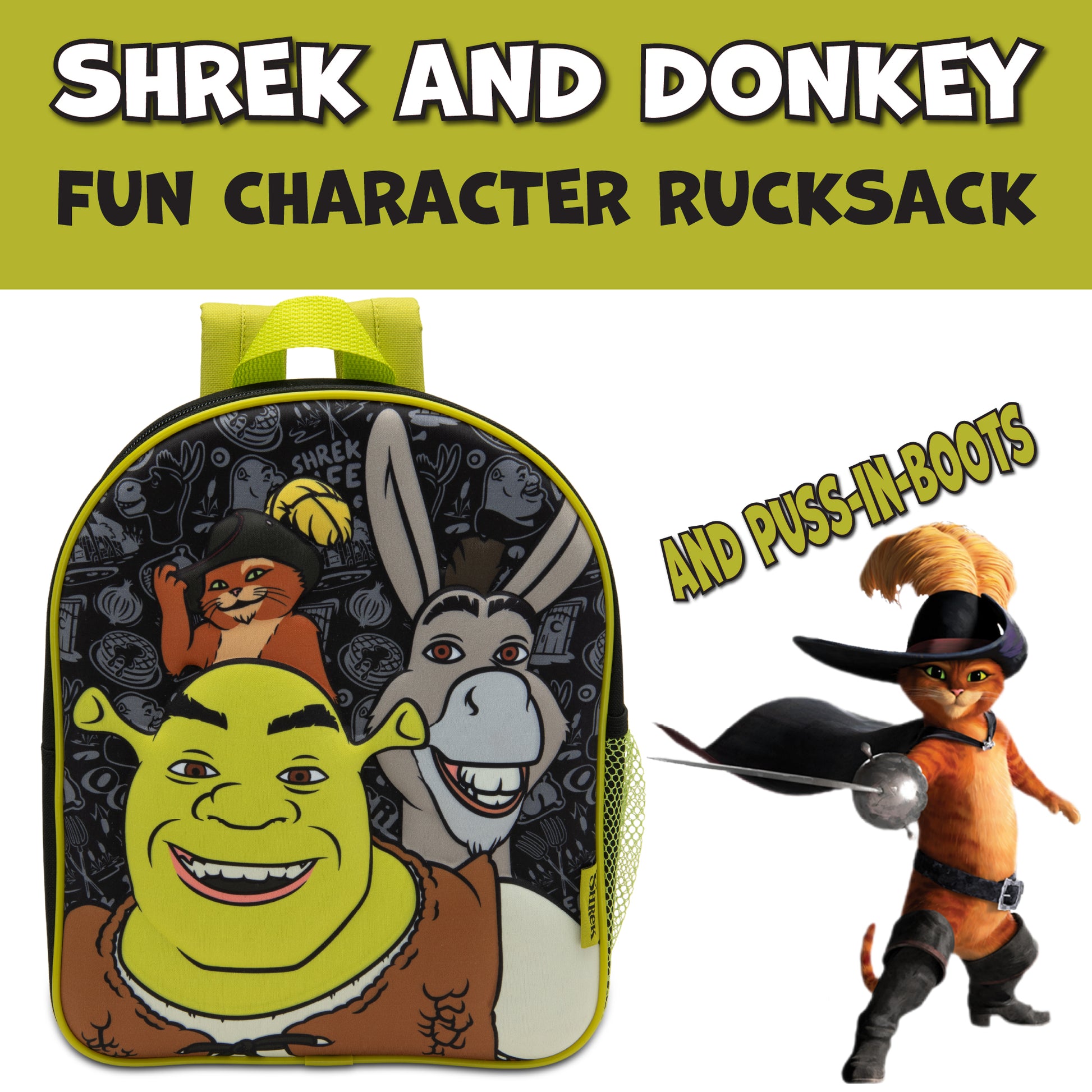 Shrek Kids Backpack 3D Childrens School Bag Boys & Girls Rucksack Donkey & Puss In Boots - My Little Legends