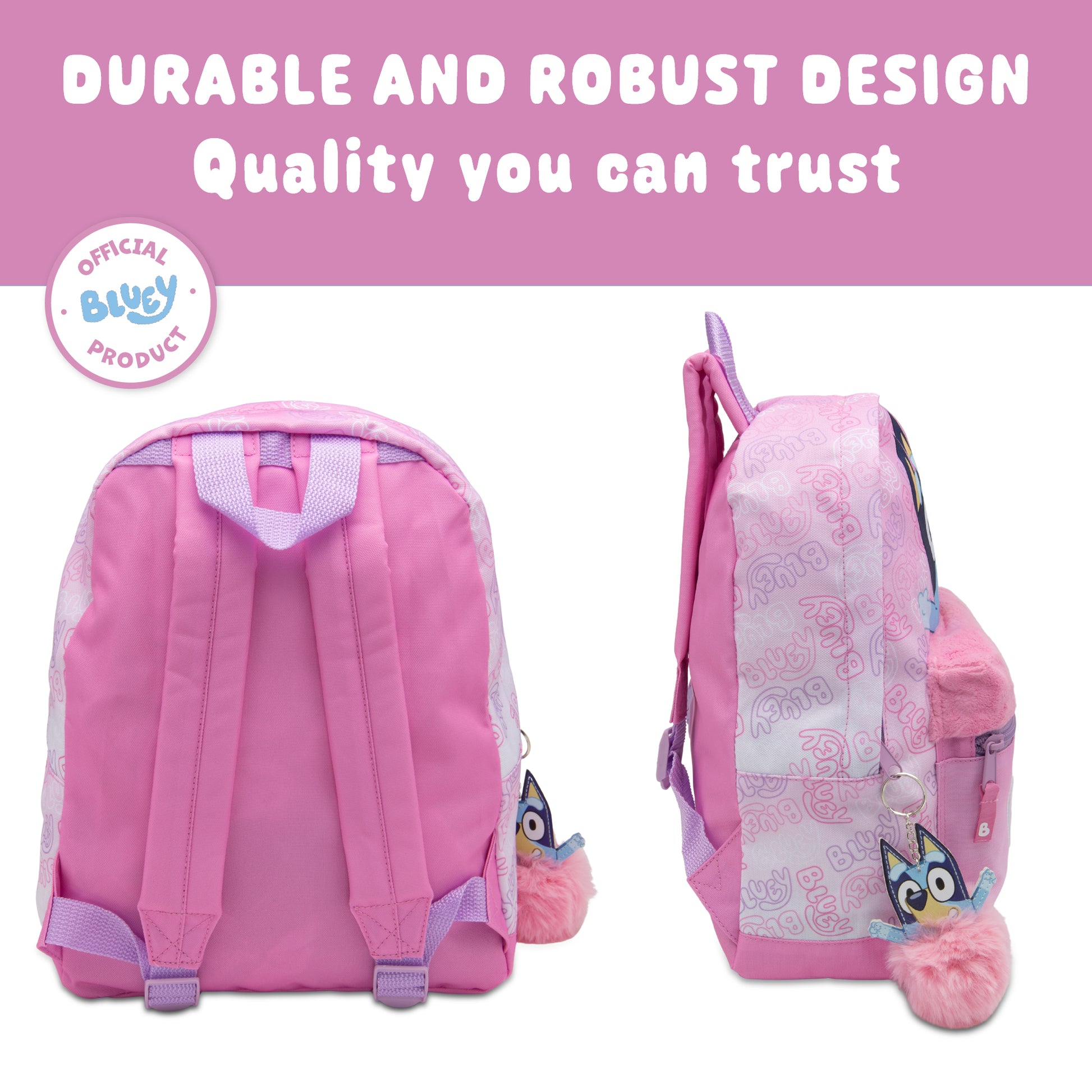 Bluey Kids Backpack Preschool Childrens Bag Girls Nursery Rucksack With Embroidered Fluffy Front Pocket & Pom Pom Keyring - My Little Legends