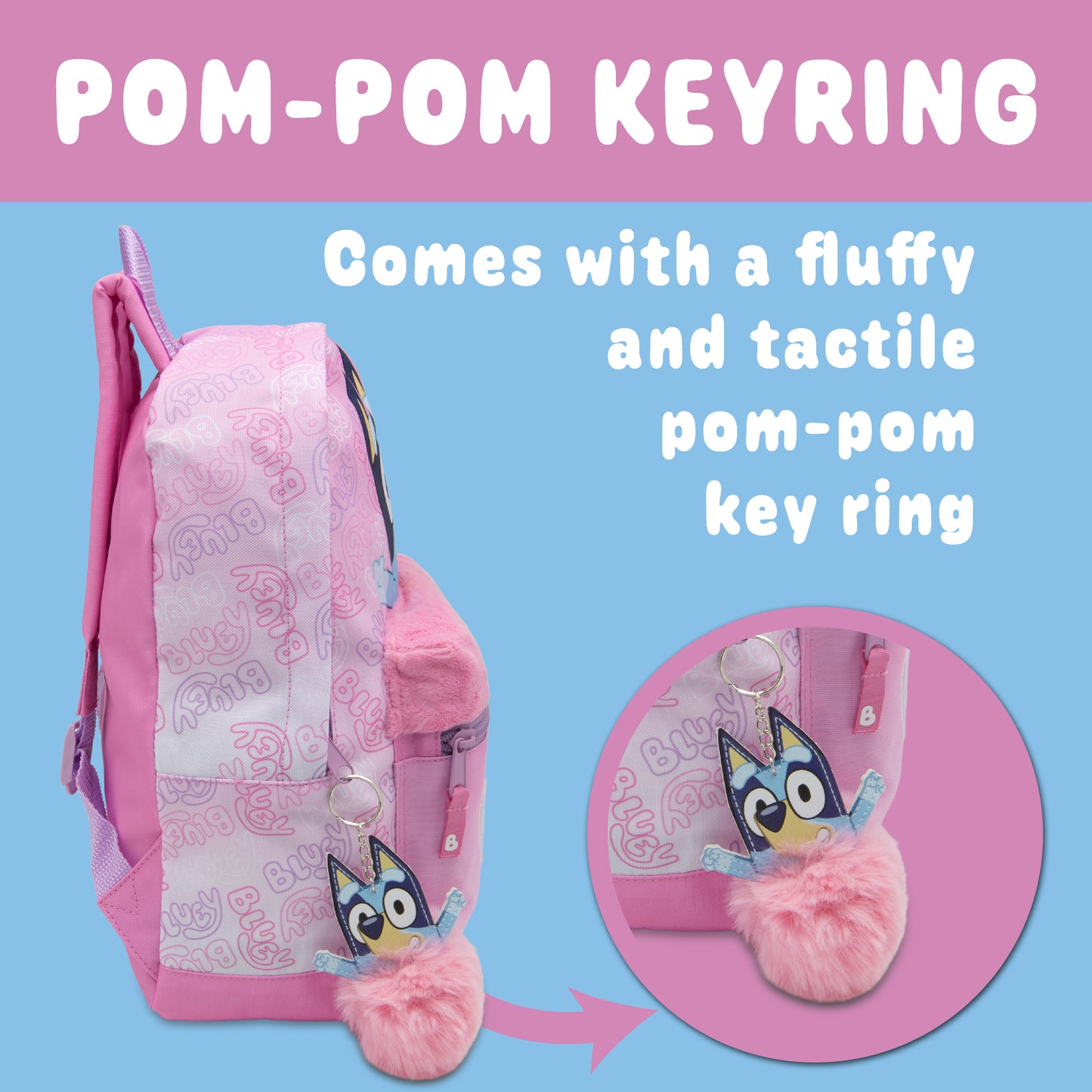 Bluey Kids Backpack Preschool Childrens Bag Girls Nursery Rucksack With Embroidered Fluffy Front Pocket & Pom Pom Keyring - My Little Legends