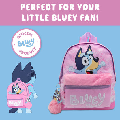 Bluey Kids Backpack Preschool Childrens Bag Girls Nursery Rucksack With Embroidered Fluffy Front Pocket & Pom Pom Keyring - My Little Legends