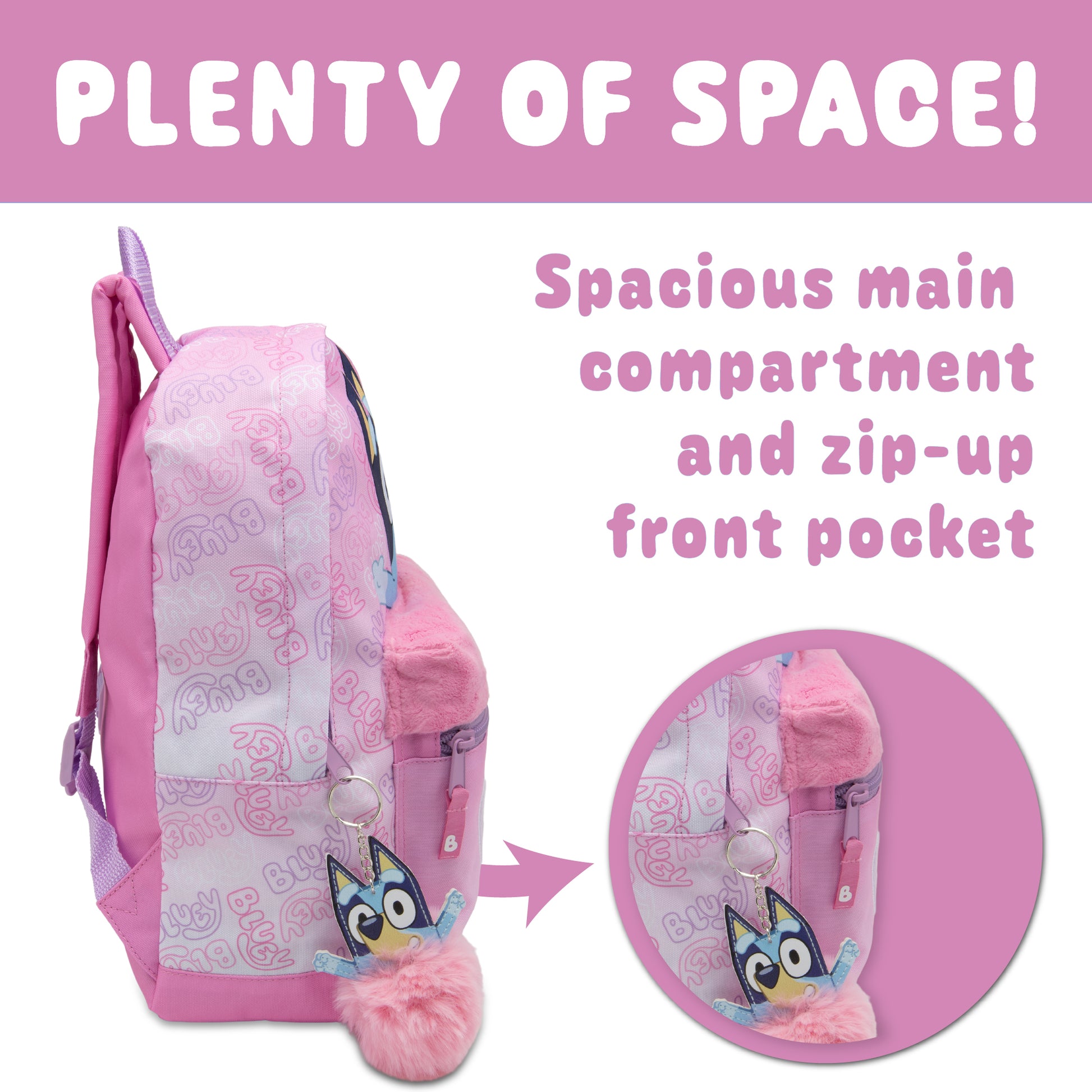 Bluey Kids Backpack Preschool Childrens Bag Girls Nursery Rucksack With Embroidered Fluffy Front Pocket & Pom Pom Keyring - My Little Legends