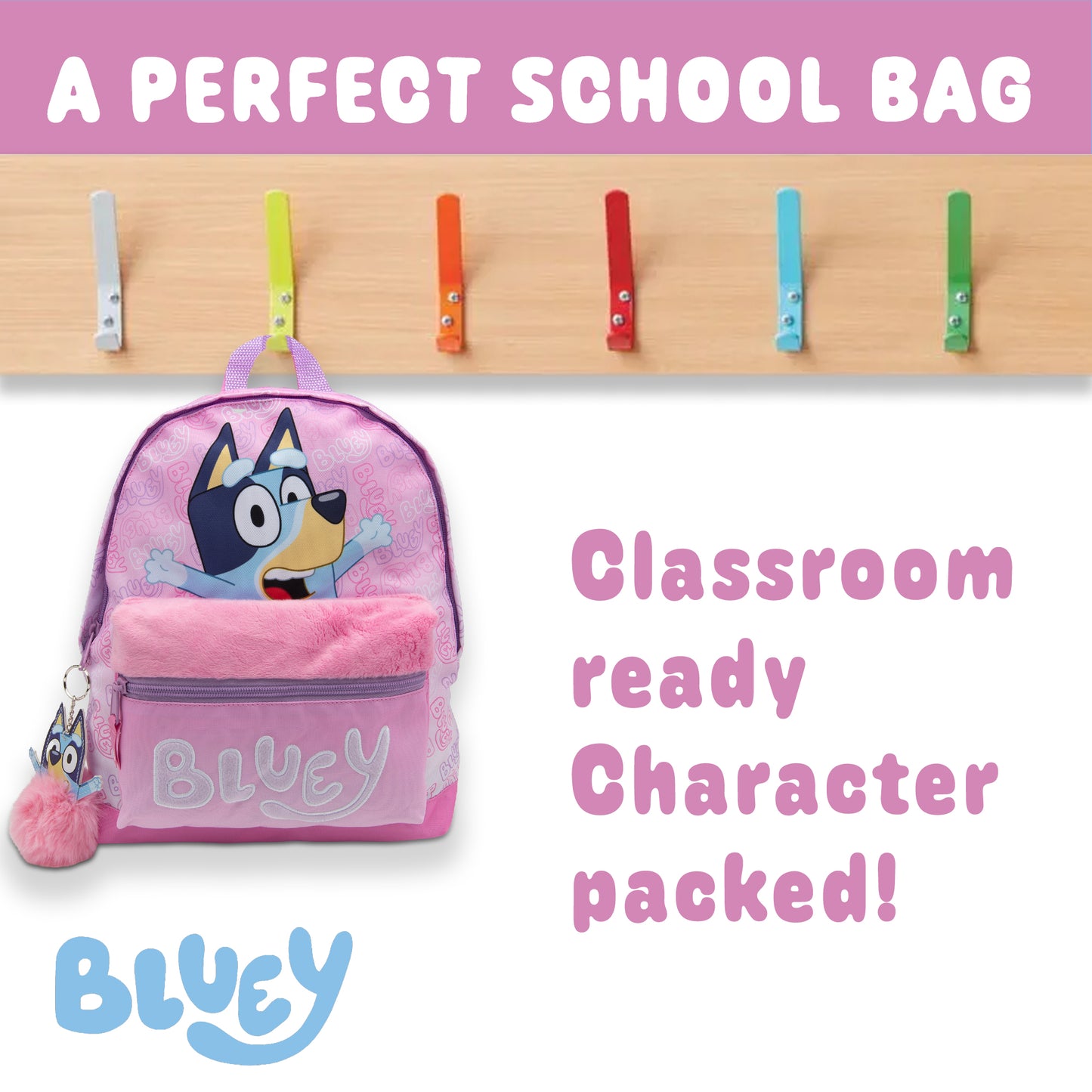 Bluey Kids Backpack Preschool Childrens Bag Girls Nursery Rucksack With Embroidered Fluffy Front Pocket & Pom Pom Keyring - My Little Legends