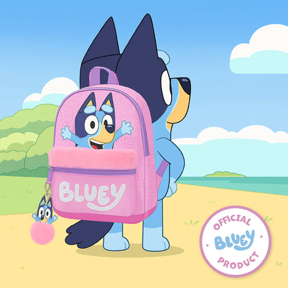 Bluey Kids Backpack Preschool Childrens Bag Girls Nursery Rucksack With Embroidered Fluffy Front Pocket & Pom Pom Keyring - My Little Legends