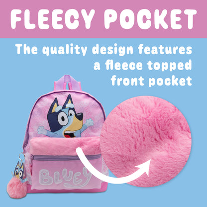 Bluey Kids Backpack Preschool Childrens Bag Girls Nursery Rucksack With Embroidered Fluffy Front Pocket & Pom Pom Keyring - My Little Legends