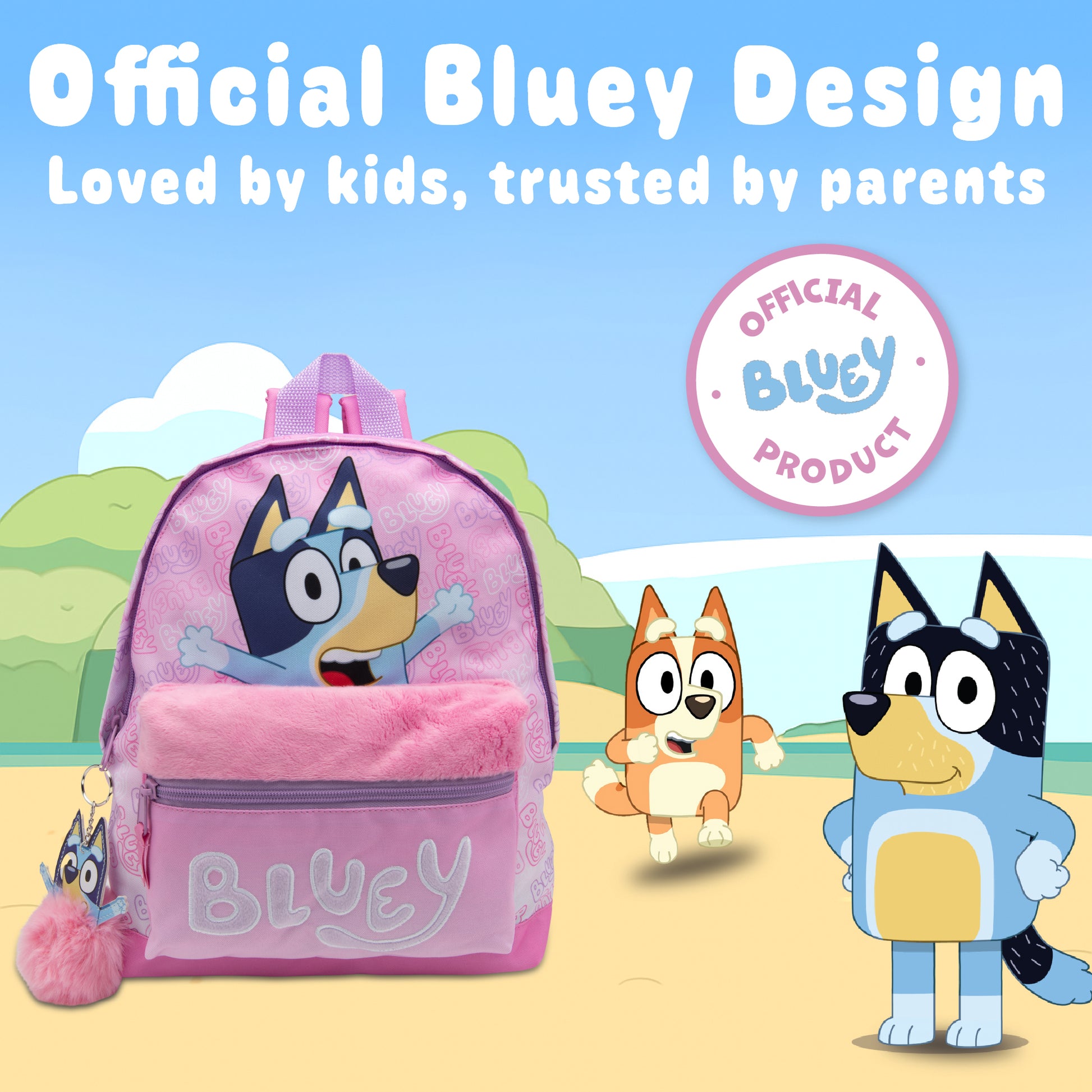 Bluey Kids Backpack Preschool Childrens Bag Girls Nursery Rucksack With Embroidered Fluffy Front Pocket & Pom Pom Keyring - My Little Legends