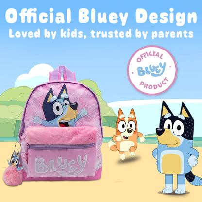 Bluey Kids Backpack Preschool Childrens Bag Girls Nursery Rucksack With Embroidered Fluffy Front Pocket & Pom Pom Keyring - My Little Legends