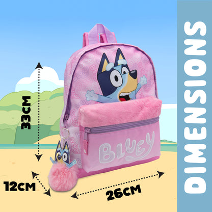 Bluey Kids Backpack Preschool Childrens Bag Girls Nursery Rucksack With Embroidered Fluffy Front Pocket & Pom Pom Keyring - My Little Legends