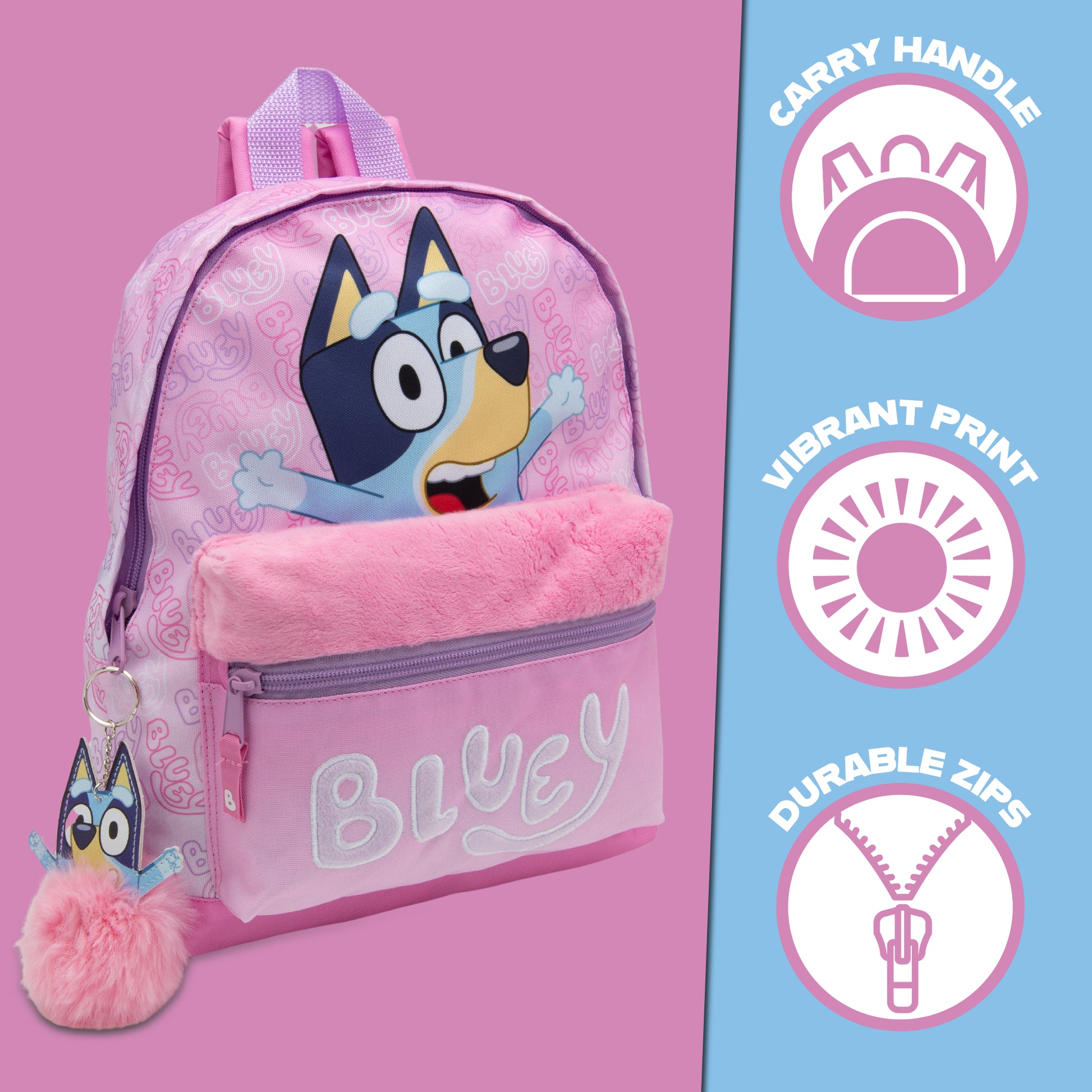 Bluey Kids Backpack Preschool Childrens Bag Girls Nursery Rucksack With Embroidered Fluffy Front Pocket & Pom Pom Keyring - My Little Legends
