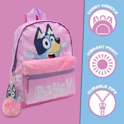 Bluey Kids Backpack Preschool Childrens Bag Girls Nursery Rucksack With Embroidered Fluffy Front Pocket & Pom Pom Keyring - My Little Legends