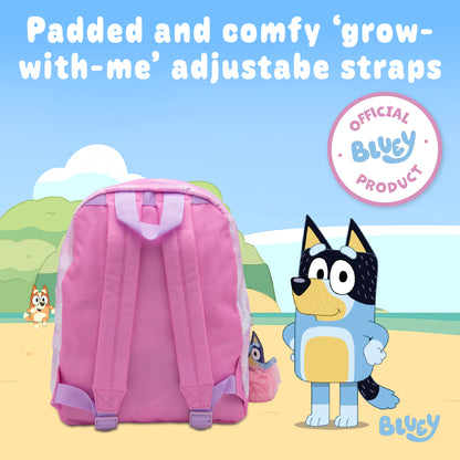 Bluey Kids Backpack Preschool Childrens Bag Girls Nursery Rucksack With Embroidered Fluffy Front Pocket & Pom Pom Keyring - My Little Legends