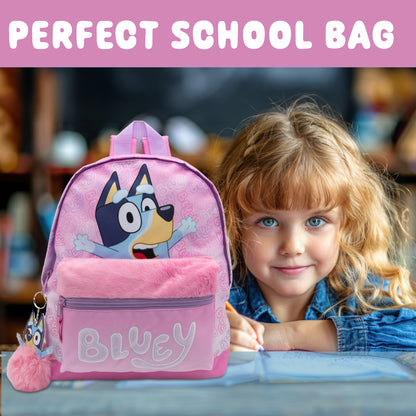 Bluey Kids Backpack Preschool Childrens Bag Girls Nursery Rucksack With Embroidered Fluffy Front Pocket & Pom Pom Keyring - My Little Legends