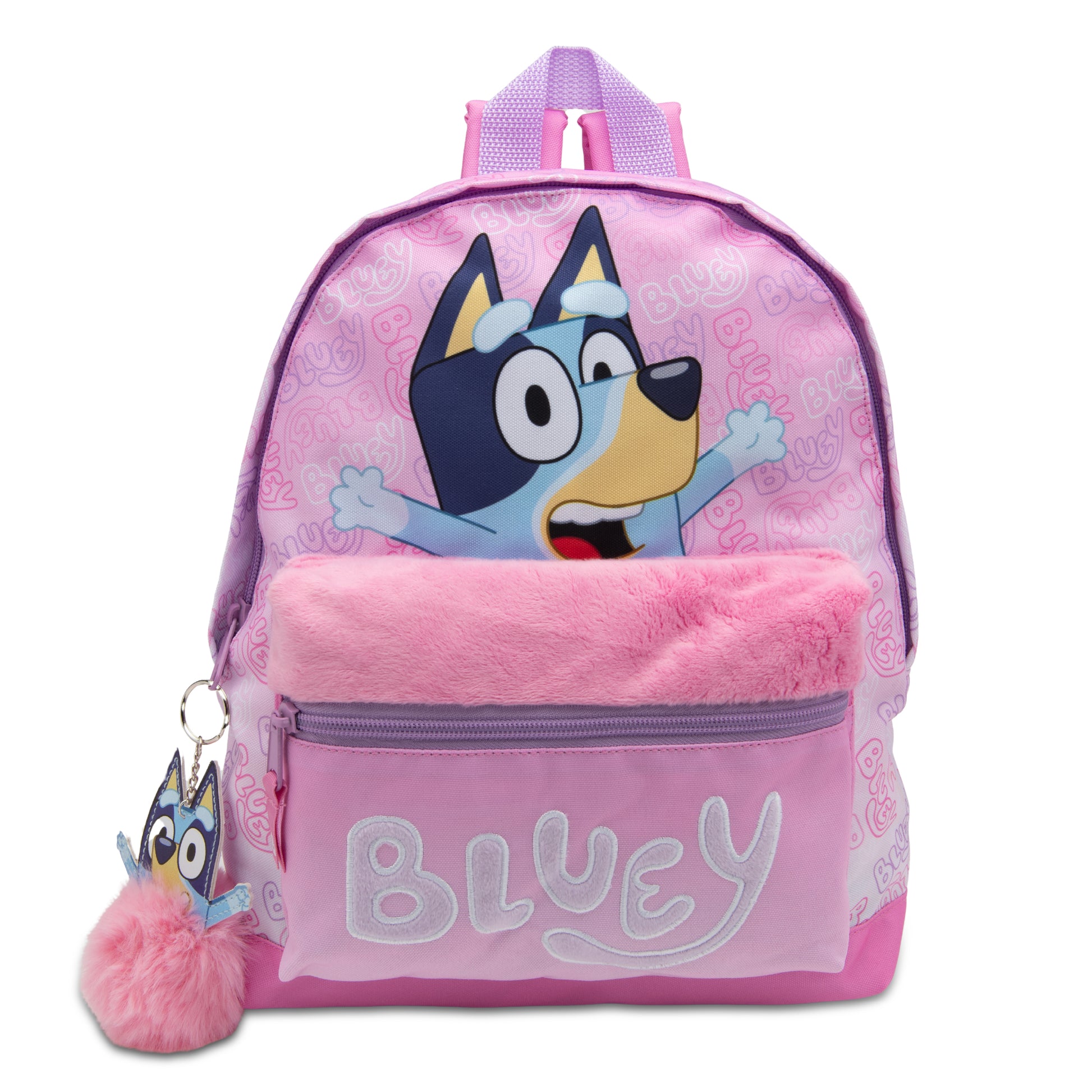Bluey Kids Backpack Preschool Childrens Bag Girls Nursery Rucksack With Embroidered Fluffy Front Pocket & Pom Pom Keyring - My Little Legends
