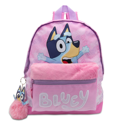 Bluey Kids Backpack Preschool Childrens Bag Girls Nursery Rucksack With Embroidered Fluffy Front Pocket & Pom Pom Keyring - My Little Legends