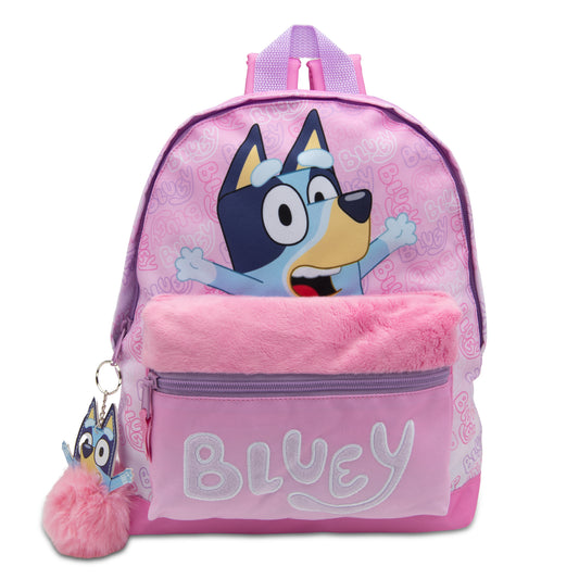 Bluey Kids Backpack Preschool Childrens Bag Girls Nursery Rucksack With Embroidered Fluffy Front Pocket & Pom Pom Keyring - My Little Legends