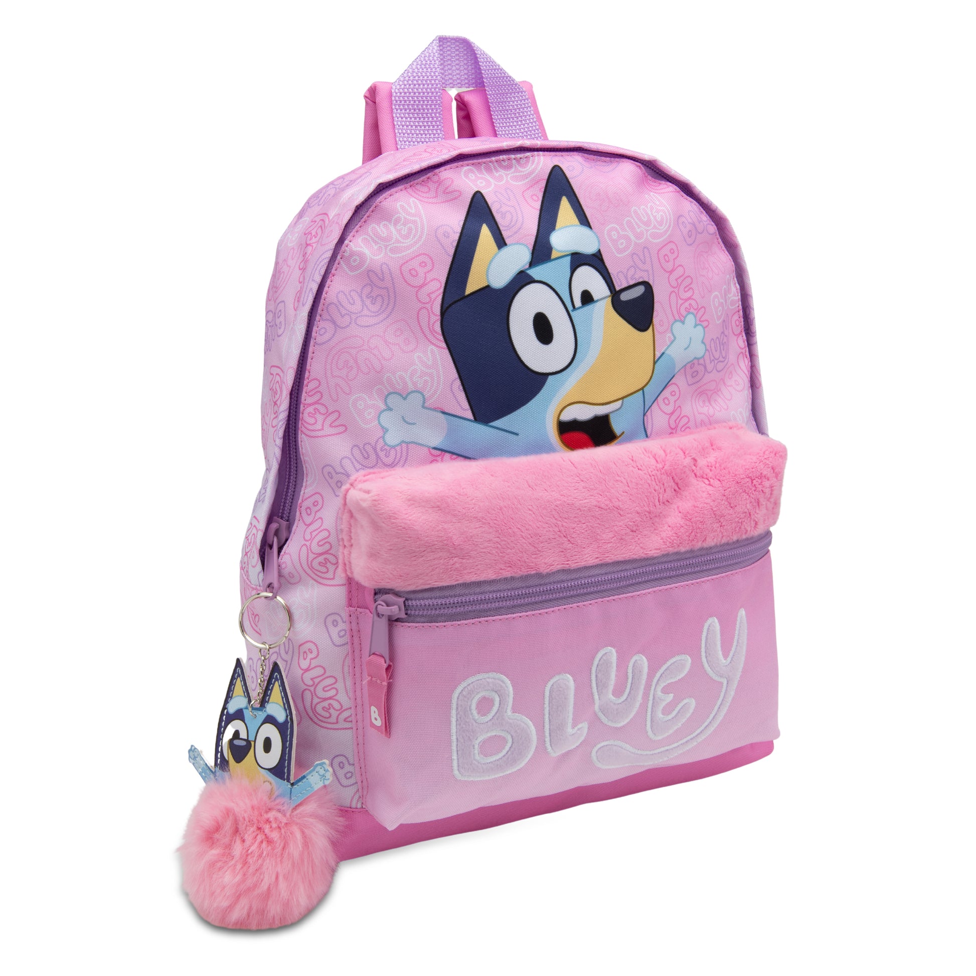 Bluey Kids Backpack Preschool Childrens Bag Girls Nursery Rucksack With Embroidered Fluffy Front Pocket & Pom Pom Keyring - My Little Legends