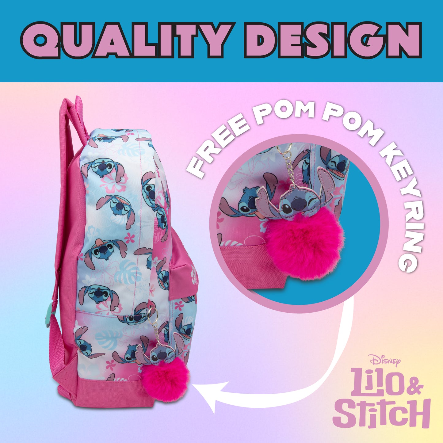 Disney Lilo & Stitch Childrens Roxy Backpack Kids Girls School Bag with Pom-Pom Key Ring - My Little Legends