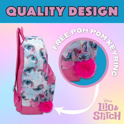 Disney Lilo & Stitch Childrens Roxy Backpack Kids Girls School Bag with Pom-Pom Key Ring - My Little Legends