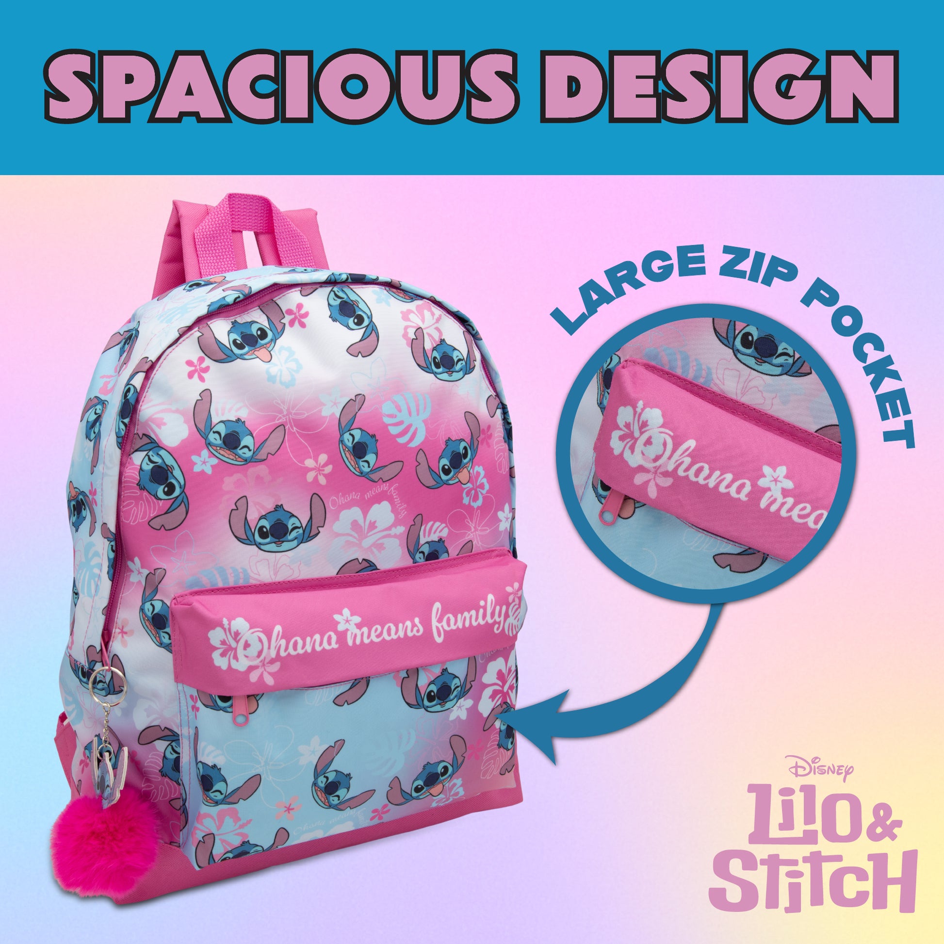 Disney Lilo & Stitch Childrens Roxy Backpack Kids Girls School Bag with Pom-Pom Key Ring - My Little Legends