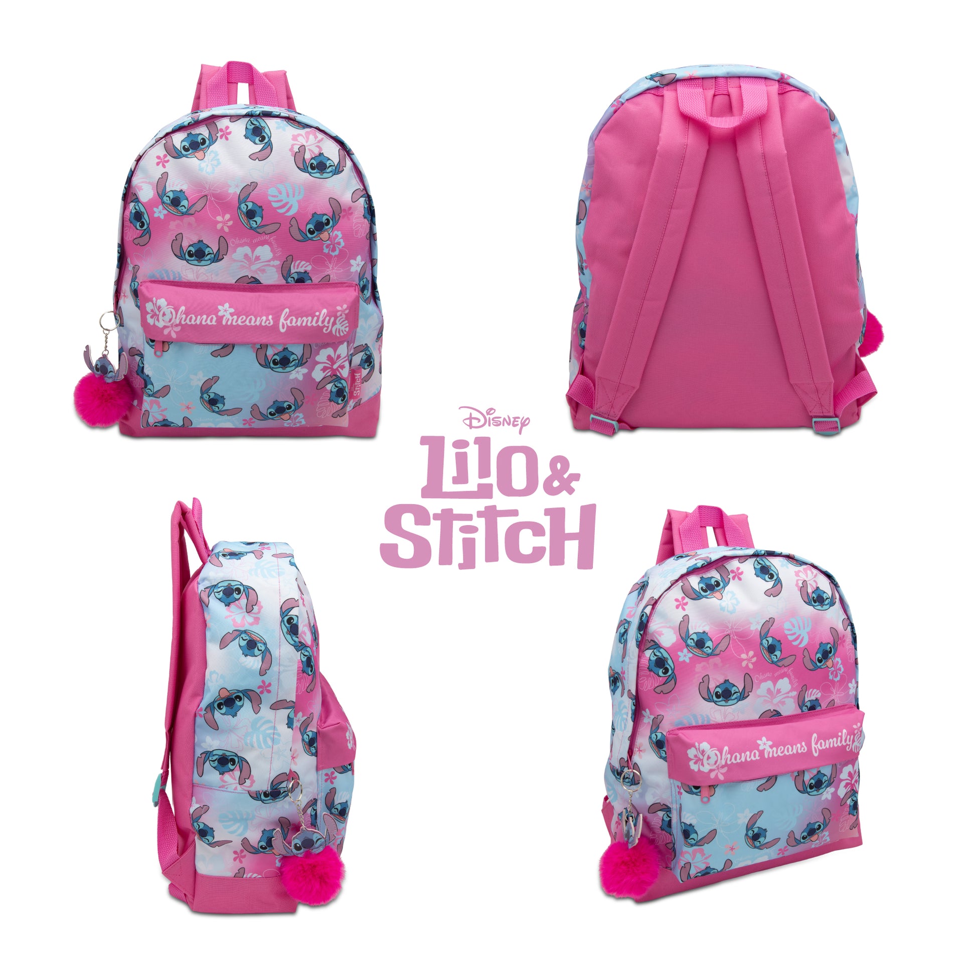 Disney Lilo & Stitch Childrens Roxy Backpack Kids Girls School Bag with Pom-Pom Key Ring - My Little Legends