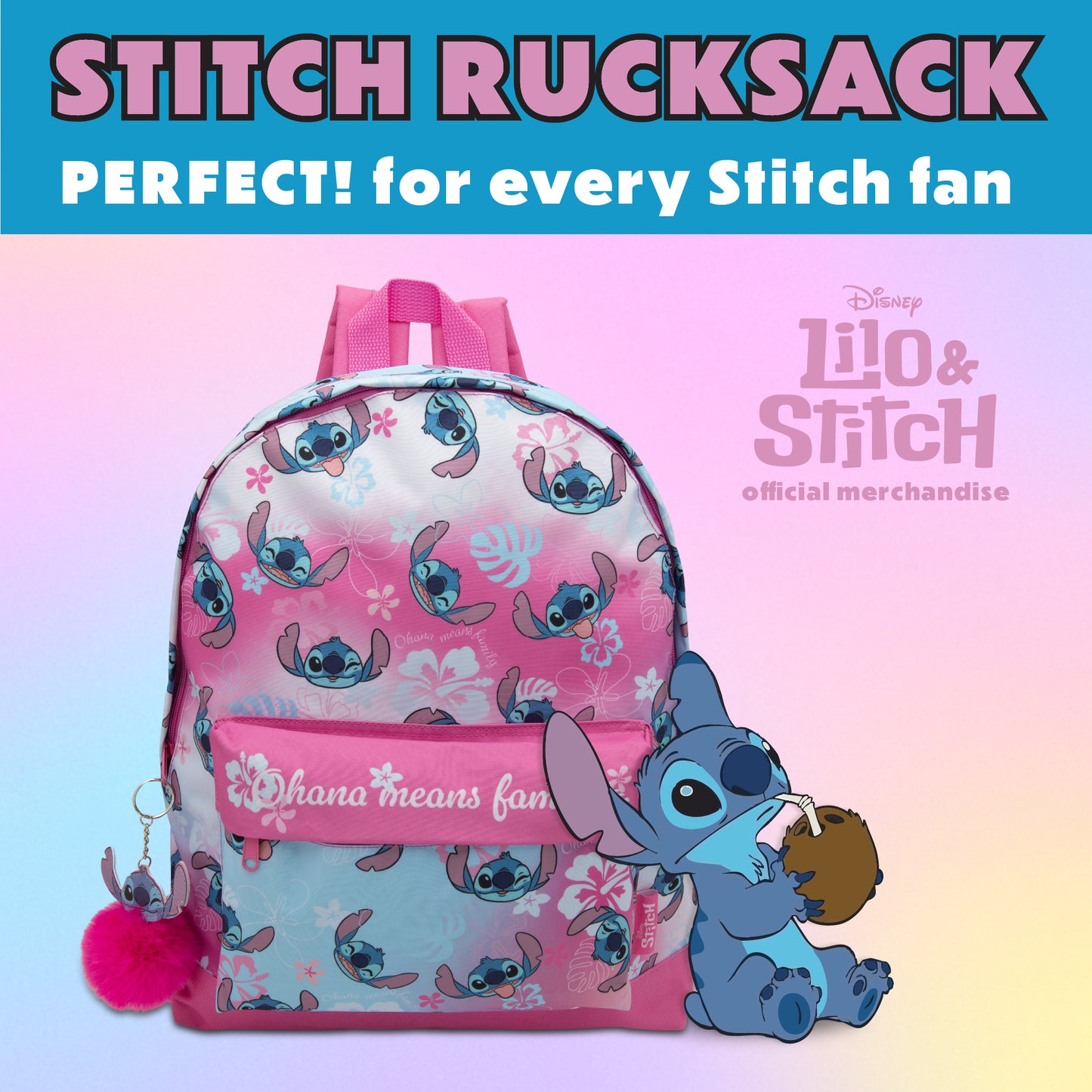 Disney Lilo & Stitch Childrens Roxy Backpack Kids Girls School Bag with Pom-Pom Key Ring - My Little Legends