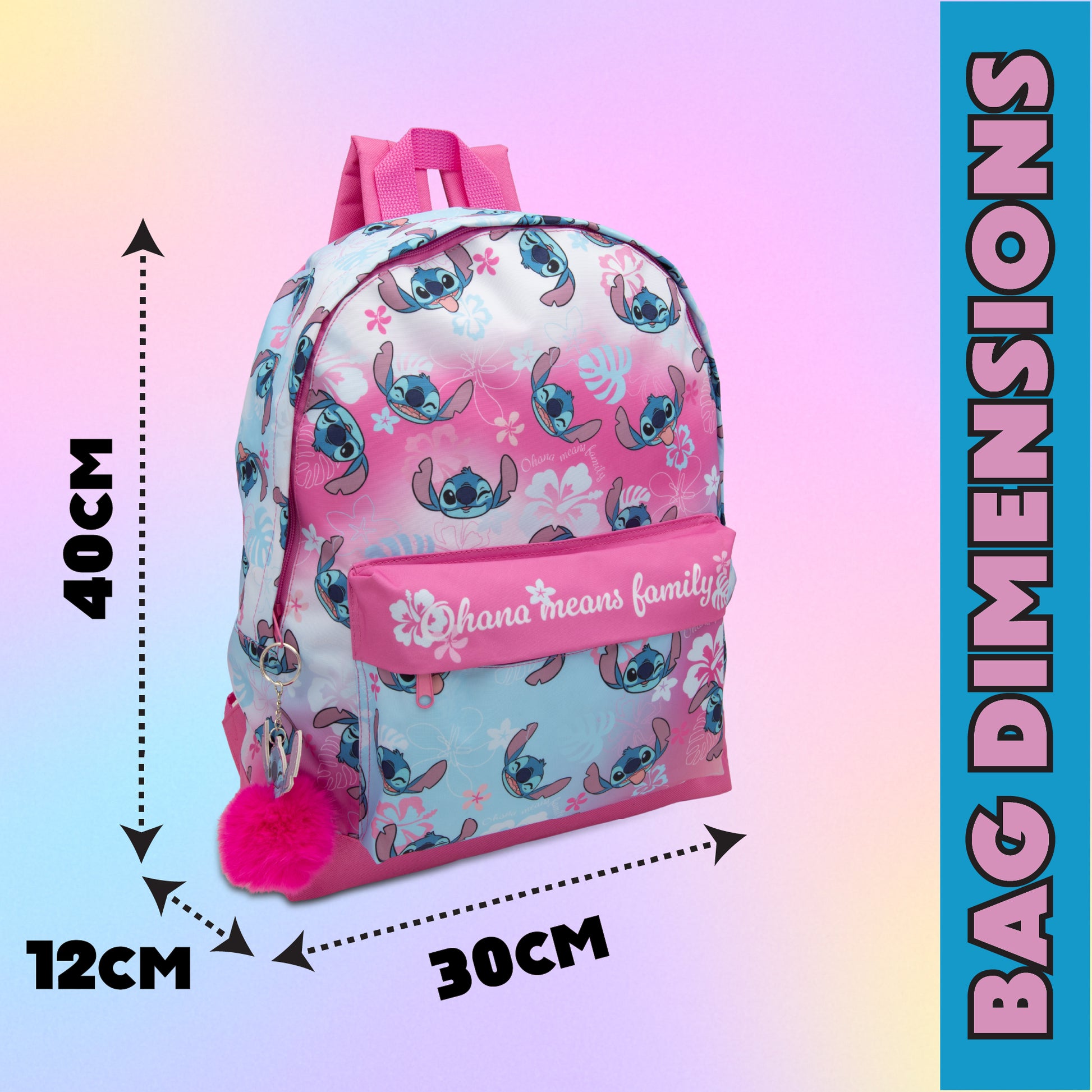 Disney Lilo & Stitch Childrens Roxy Backpack Kids Girls School Bag with Pom-Pom Key Ring - My Little Legends