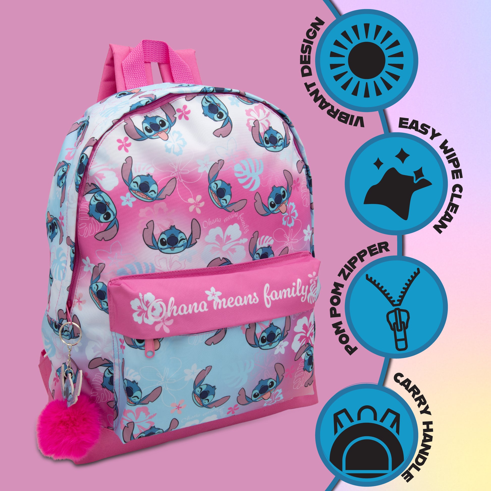Disney Lilo & Stitch Childrens Roxy Backpack Kids Girls School Bag with Pom-Pom Key Ring - My Little Legends