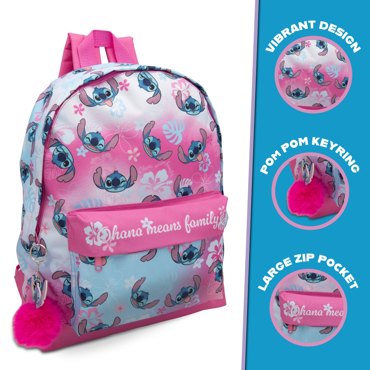 Disney Lilo & Stitch Childrens Roxy Backpack Kids Girls School Bag with Pom-Pom Key Ring - My Little Legends