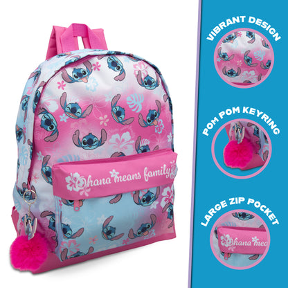 Disney Lilo & Stitch Childrens Roxy Backpack Kids Girls School Bag with Pom-Pom Key Ring - My Little Legends