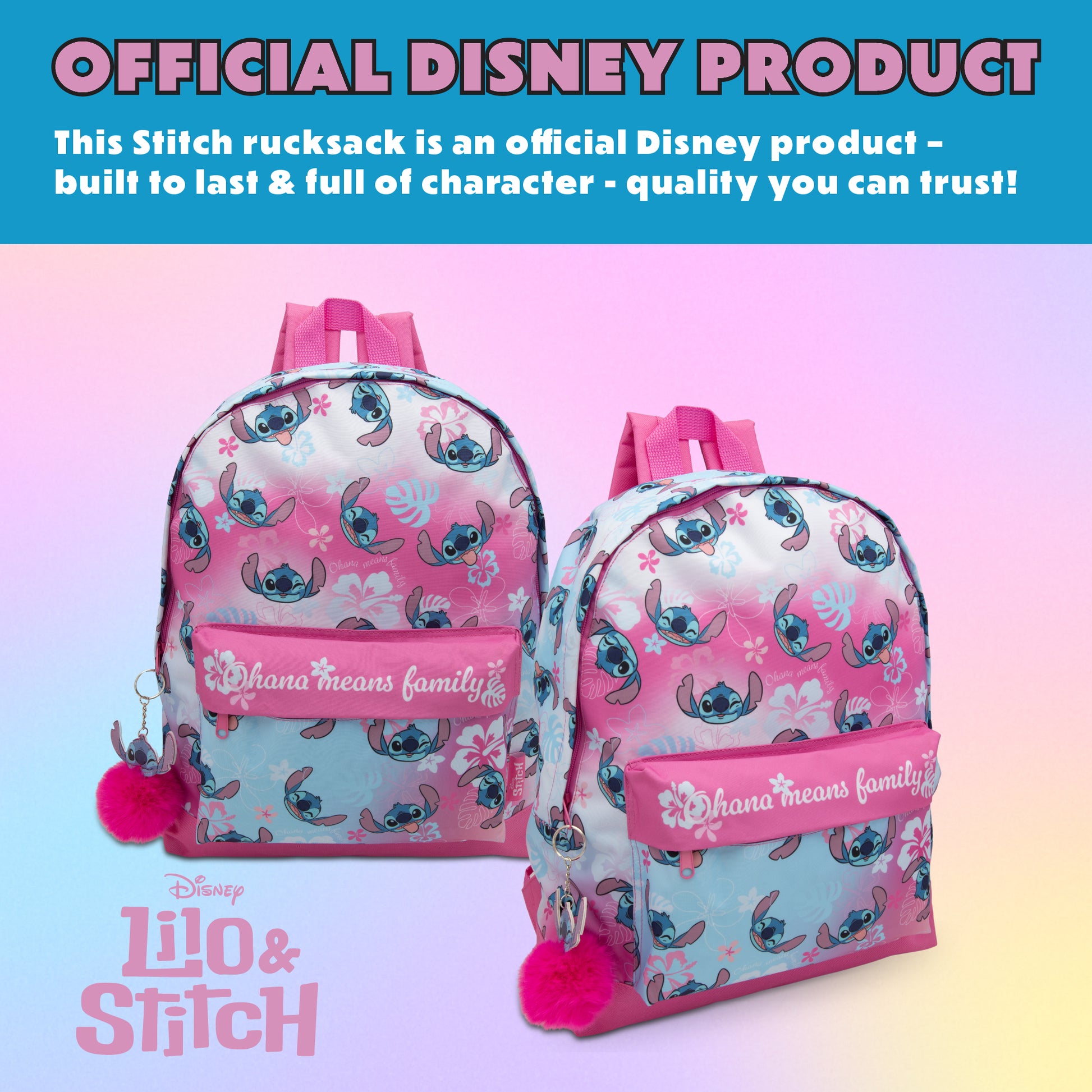 Disney Lilo & Stitch Childrens Roxy Backpack Kids Girls School Bag with Pom-Pom Key Ring - My Little Legends