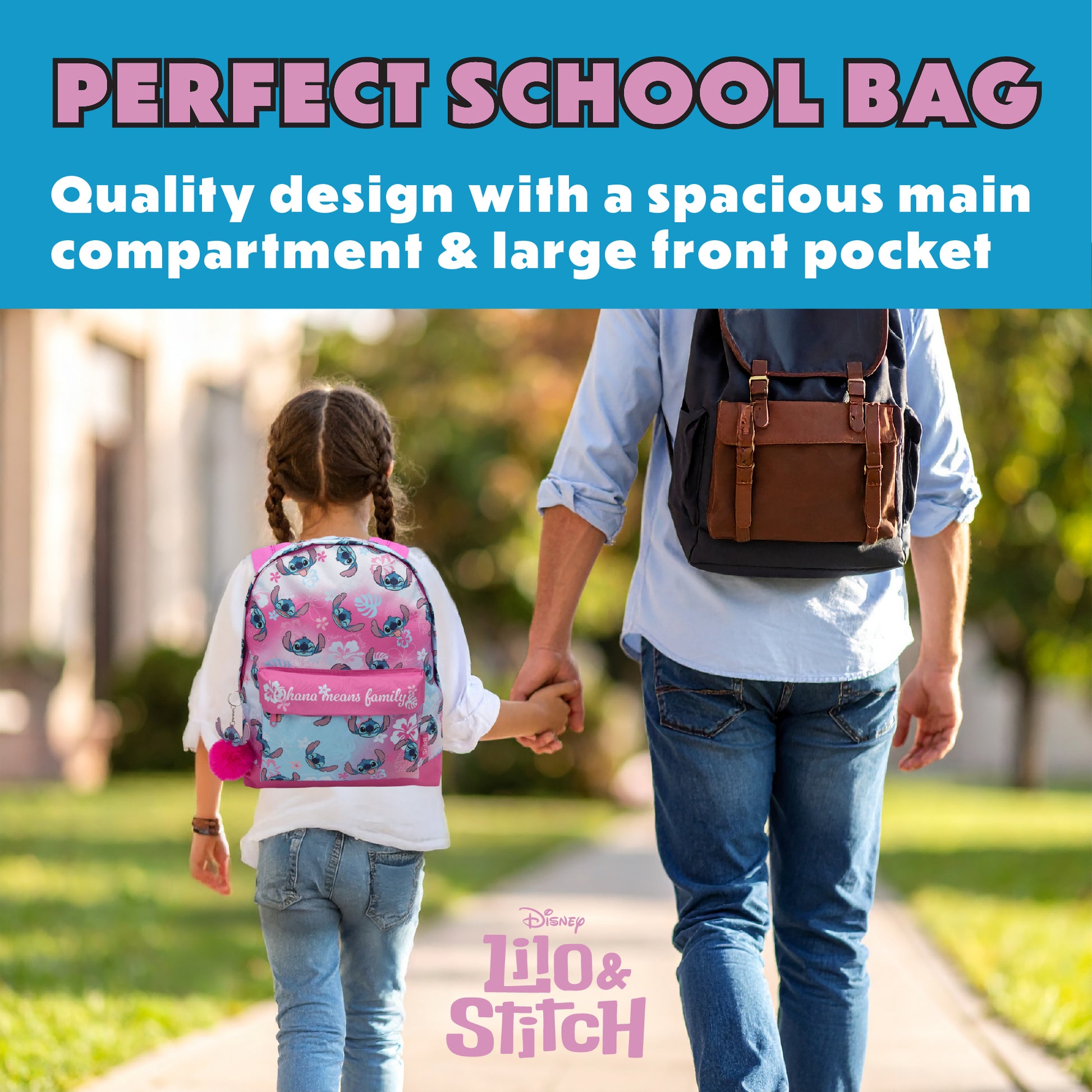 Disney Lilo & Stitch Childrens Roxy Backpack Kids Girls School Bag with Pom-Pom Key Ring - My Little Legends