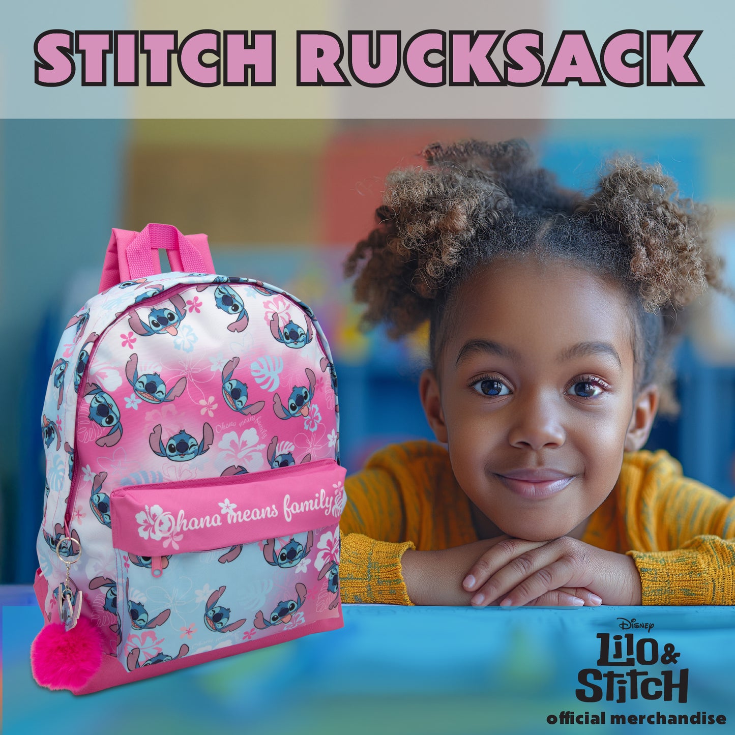 Disney Lilo & Stitch Childrens Roxy Backpack Kids Girls School Bag with Pom-Pom Key Ring - My Little Legends