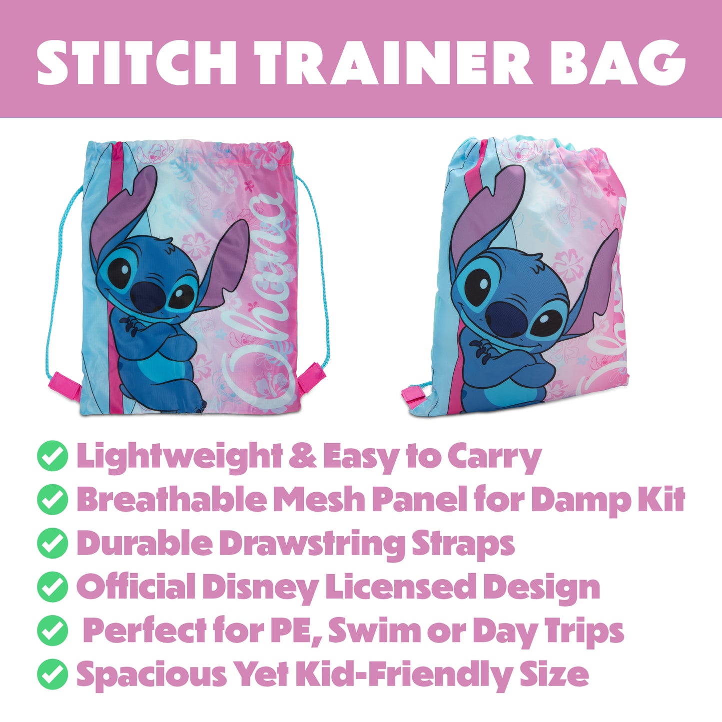 Disney Lilo & Stitch Drawstring Bag Kids PE Kit Gym Swim Bag Girls School Trainer Childrens Travel - My Little Legends