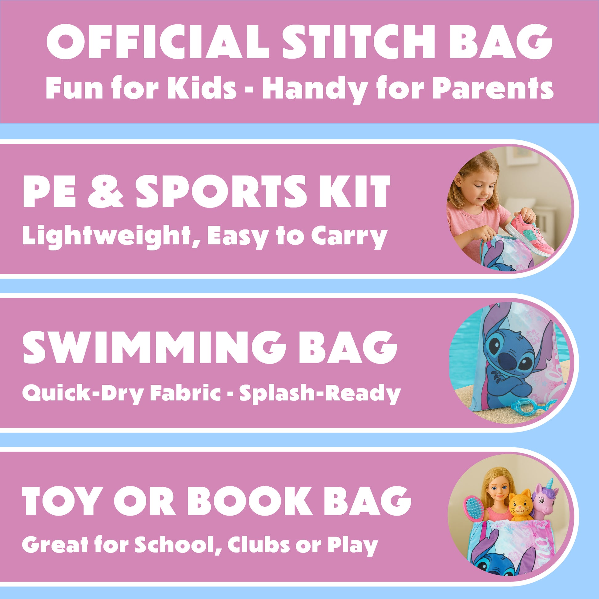 Disney Lilo & Stitch Drawstring Bag Kids PE Kit Gym Swim Bag Girls School Trainer Childrens Travel - My Little Legends