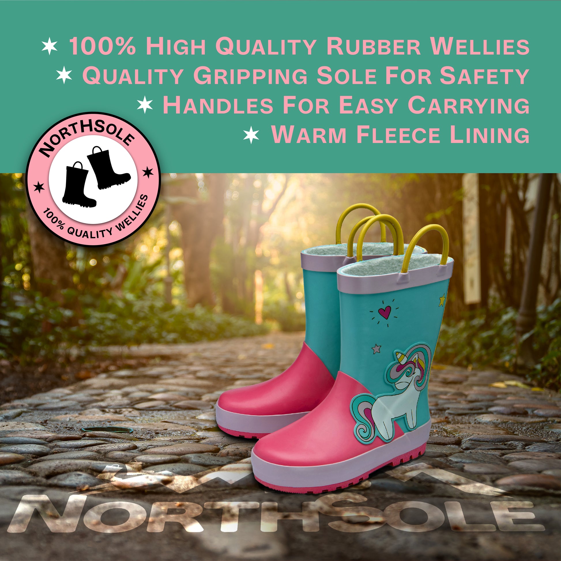 NorthSole Kids Wellies Boys & Girls Childrens Rubber Wellington Boots With Easy Pull On Handles Fleece Lined - My Little Legends